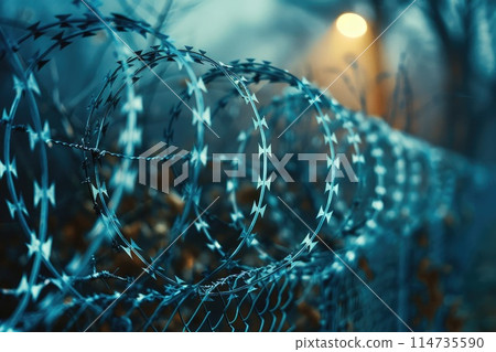 Barbed and razor wire fence. Fencing the state border against immigration 114735590