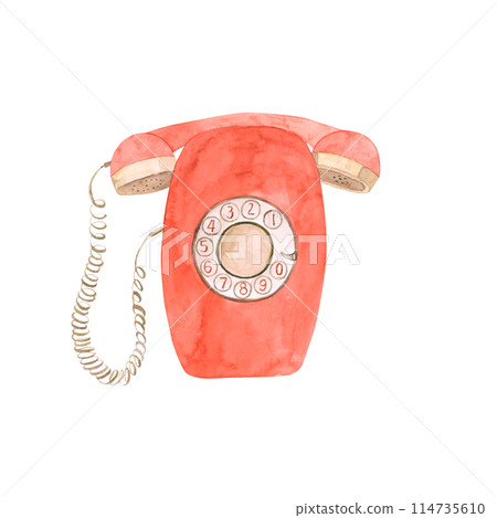 Red vintage telephone with disk, hand drawn in watercolor. Retro telephone for cards, printing, packaging, design, advertising 114735610