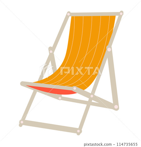 Vector vacation icon with wooden deck chair in flat style. Summertime relax. Isolated on white background illustration. Element for print, banner, card, brochure, logo. Vector vacation icon with wooden deck chair in flat style. Summertime relax. Isolated on white background illustration. Element for print, banner, card, brochure, logo. 114735655
