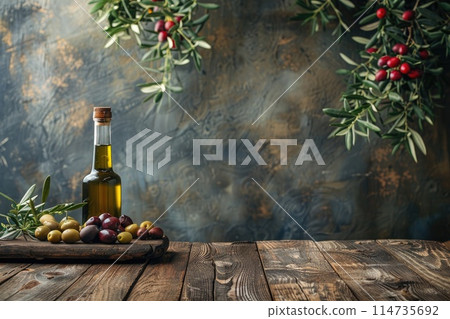 Empty wooden table with olives and a bottle of olive oil. Natural podium, background suitable for products presentation Empty wooden table with olives and a bottle of olive oil. Natural podium, background suitable for products presentation 114735692