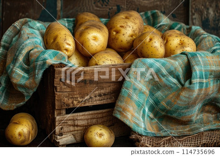 Fresh potatoes in a wooden box. 114735696