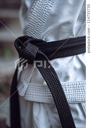 Karate black belt on white uniform 114735730