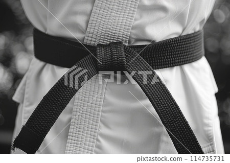 Karate black belt on white uniform 114735731
