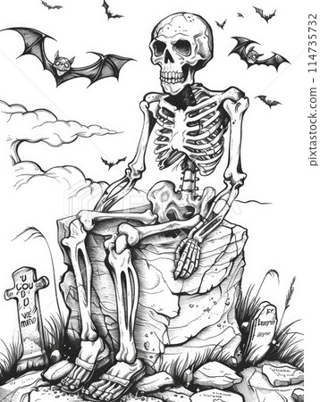 Skeleton sitting in graveyard, Halloween theme 114735732