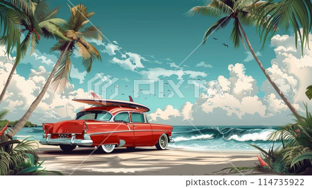 An old car parked on a tropical beach with a surfboard on the roof. 114735922