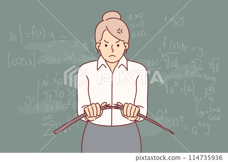 Angry woman teacher from high school breaks wooden pointer, standing near blackboard with formulas Angry woman teacher from high school breaks wooden pointer, standing near blackboard with formulas 114735936