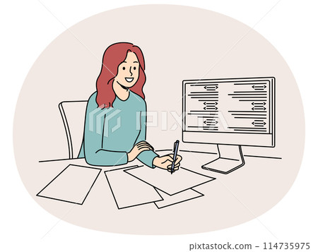Smiling girl work on PC taking notes Smiling girl work on PC taking notes 114735975