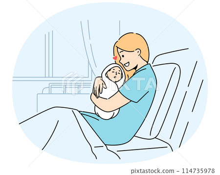 Smiling woman in hospital bed with newborn baby 114735978