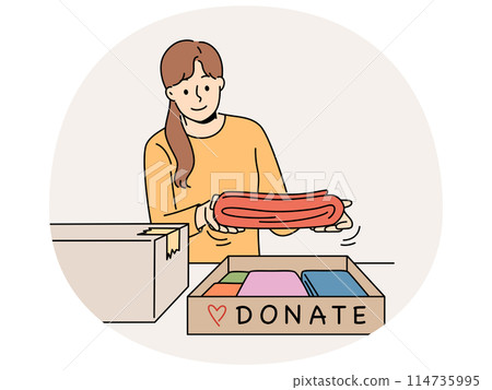 Smiling woman pack donation boxes Smiling woman pack donation boxes 114735995