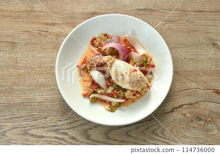 squid stuffed mashed pork Thai salad taste spicy and sour on plate squid stuffed mashed pork Thai salad taste spicy and sour on plate 114736000