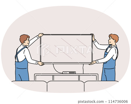 Smiling workers install TV set at home 114736006