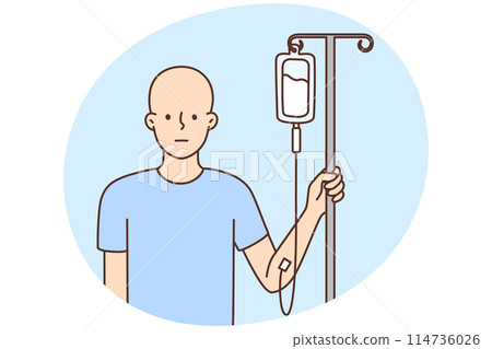 Bald man with dropper get chemo treatment Bald man with dropper get chemo treatment 114736026