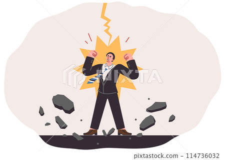 Business man feels power, energized by lightning strike and desire to achieve goal at any cost Business man feels power, energized by lightning strike and desire to achieve goal at any cost 114736032