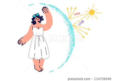 Woman stands in invisible dome obtained thanks to sunscreen to protect herself from sun rays 114736046