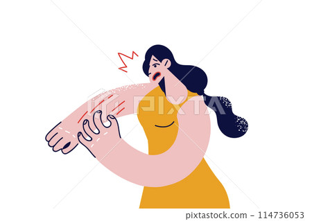 Woman suffers from scabies caused by presence lice or poor hygiene, scratches hand until it bleeds Woman suffers from scabies caused by presence lice or poor hygiene, scratches hand until it bleeds 114736053