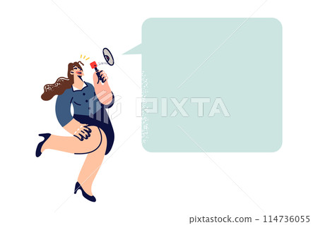 Woman promoter shouts into megaphone, making announcement, standing near empty speech bubble 114736055