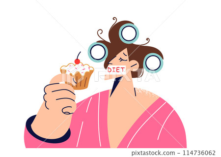 Woman is going to break diet by eating sweet dessert with lot of fat and carbohydrates Woman is going to break diet by eating sweet dessert with lot of fat and carbohydrates 114736062