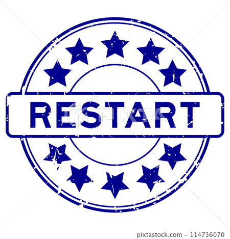 Grunge blue restart word with star icon round rubber seal stamp on white background 114736070