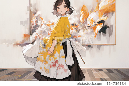 一位女畫家在畫室裡背對著金魚畫 114736184