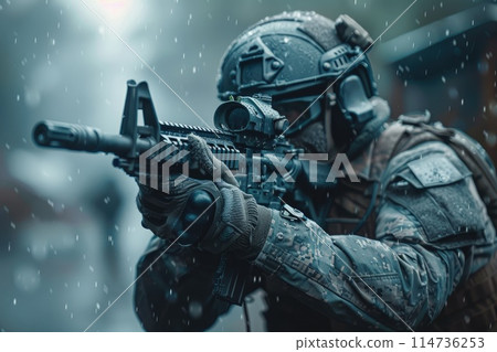 Special forces soldier police a with high technology gun. 114736253
