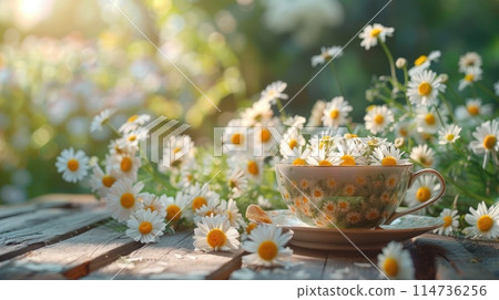 Chamomile flowers in teacup on wooden table in garden 114736256