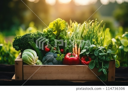 Assorted fresh vegetables in a crate 114736306