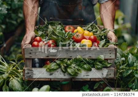 Farmer keeps fresh vegetables in a wooden box in the garden, healthy and organic food concept 114736374