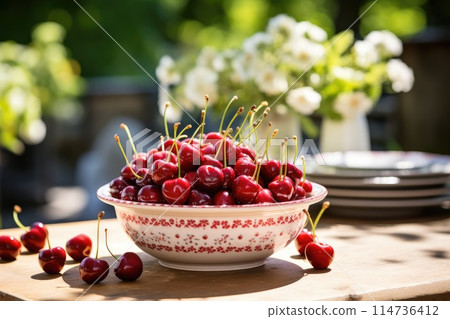 Fresh red cherries fruit in bowl on table in garden 114736412