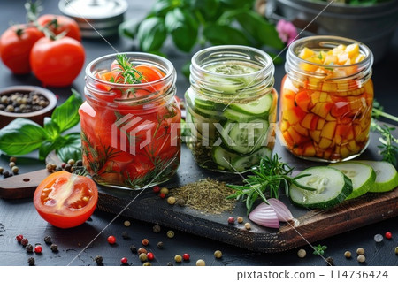 Home conservation for the winter. Glass jars with canned vegetables cucumbers, tomatoes, herbs, spices. Healthy food. 114736424