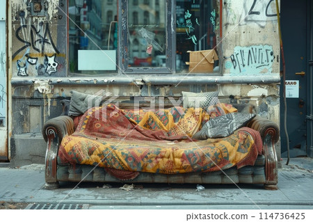 Homeless person living place with ragged discarded old broken bed with an dirty mattress and bedding. 114736425