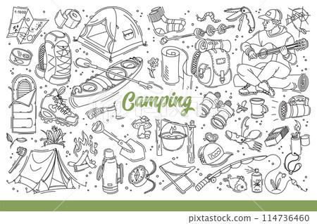 Camping equipment for hiking and active tourism to maintain health. Hand drawn doodle 114736460