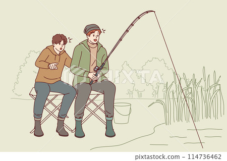 Son and father are fishing in lake, mouths open in anticipation of big catch at sight of fish 114736462