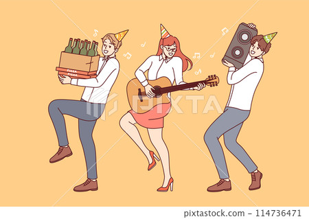 Cheerful friends rush to party with alcohol and musical equipment, rejoicing at coming weekend Cheerful friends rush to party with alcohol and musical equipment, rejoicing at coming weekend 114736471