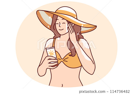 Woman who wants to sunbathe applies sunblock cream to skin to protect herself from sunstroke Woman who wants to sunbathe applies sunblock cream to skin to protect herself from sunstroke 114736482