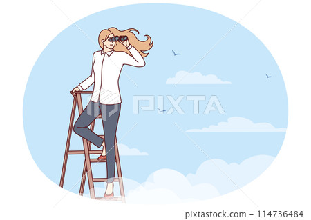Woman leader stands on top of stepladder among clouds and looks into distance through binoculars Woman leader stands on top of stepladder among clouds and looks into distance through binoculars 114736484