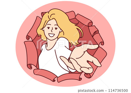 Happy woman stretching open palm through hole in torn paper to make Follow me gesture 114736500