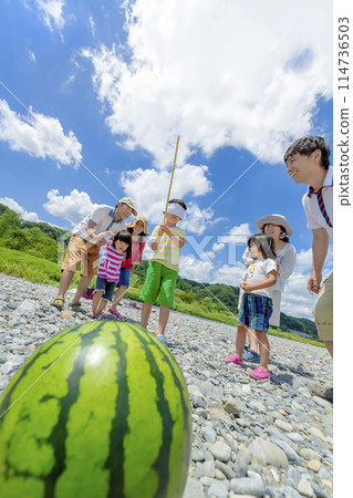 Families splitting watermelons on the riverbank Families splitting watermelons on the riverbank 114736503