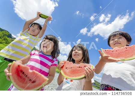 Children eating watermelon on the riverbank 114736508