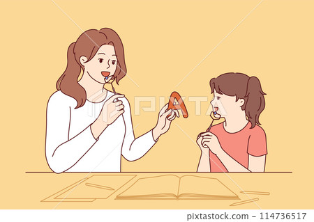 Girl speech therapist helps child get rid of language defect that interferes with communication 114736517