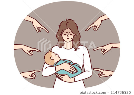 Young mother with baby in arms is ashamed because condemnation surrounding people pointing fingers 114736520