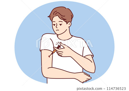 Man with diabetes makes injection in arm to lower blood sugar and avoid insulin shock 114736523