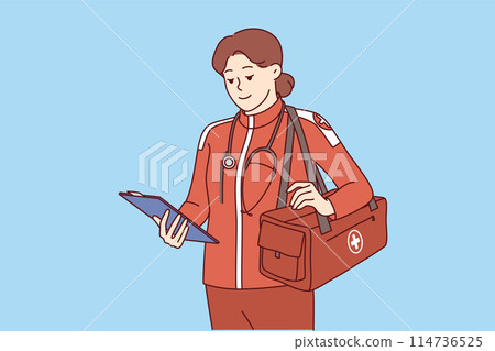 Woman doctor working in ambulance and 911 service is wearing red uniform and holding clipboard Woman doctor working in ambulance and 911 service is wearing red uniform and holding clipboard 114736525
