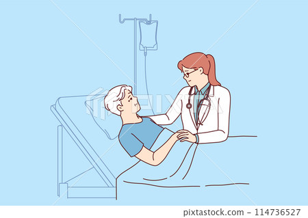 Woman hospice doctor supports dying old man lying in intensive care after unsuccessful support Woman hospice doctor supports dying old man lying in intensive care after unsuccessful support 114736527