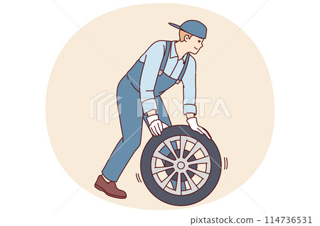 Man automobile repairman changes car wheel to new one to perform scheduled inspection Man automobile repairman changes car wheel to new one to perform scheduled inspection 114736531