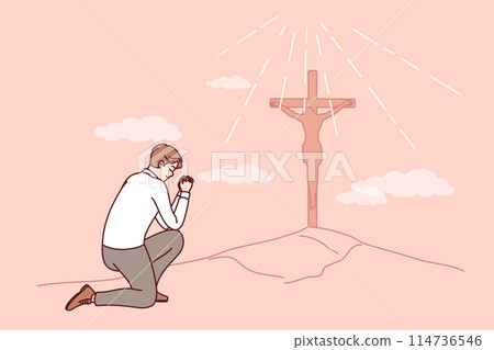 Businessman praying seeing christian cross on hill, worshiping lord and asking jesus for protection Businessman praying seeing christian cross on hill, worshiping lord and asking jesus for protection 114736546