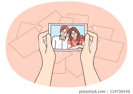 Photo with hugging couple man and woman in hands of girl experiencing nostalgia and remembering past 114736549