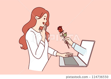 Gift flower from internet fan in laptop screen near enthusiastic woman using dating site 114736550