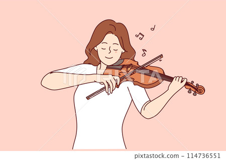 Woman plays violin, enjoying performance of melody and moving bow along strings musical instrument 114736551