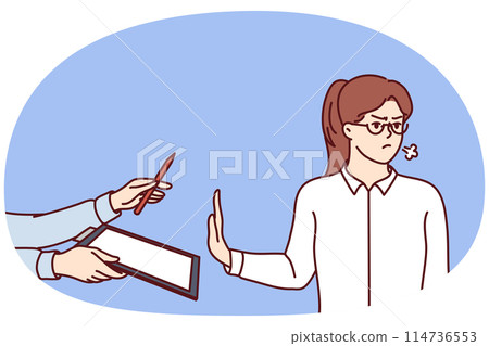 Angry woman making stop gesture suspending business deal and refusing to sign contract Angry woman making stop gesture suspending business deal and refusing to sign contract 114736553