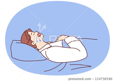 Man dozing on back in bed snores and has problems during obstructive sleep apnea 114736590